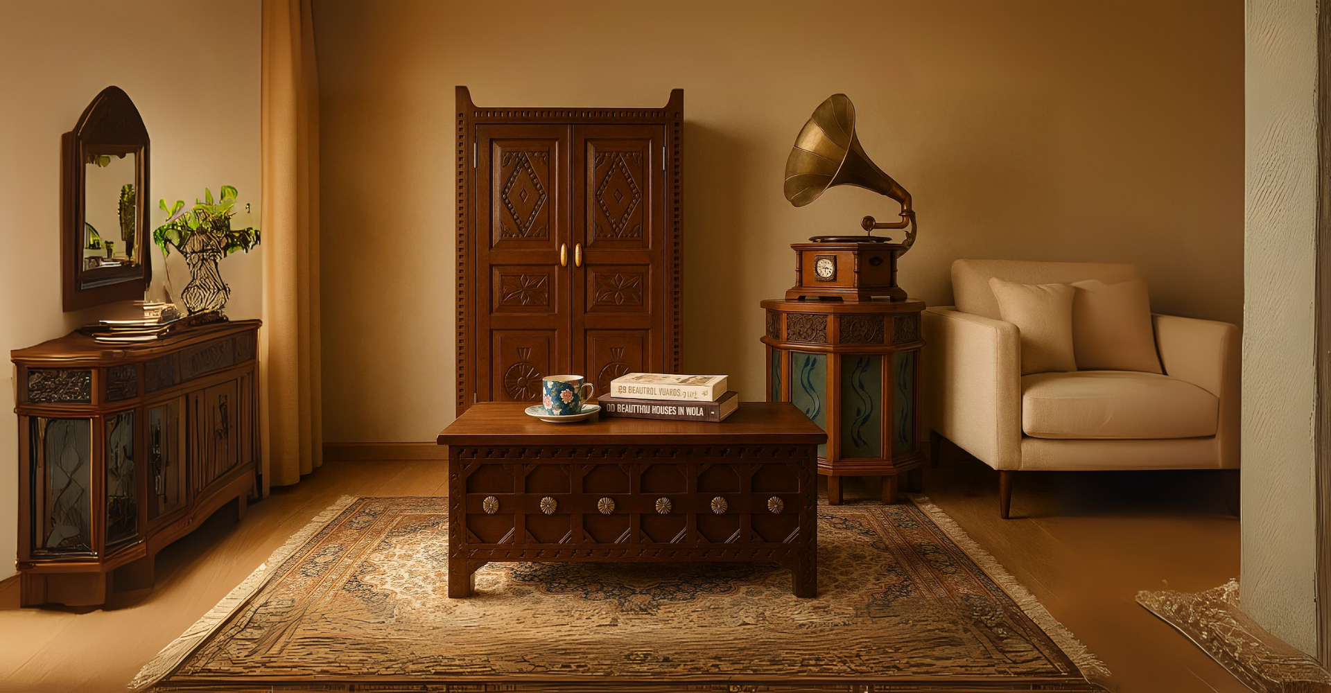 Elegant living room with handcrafted furniture
